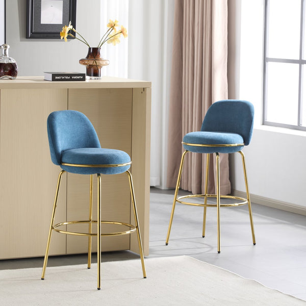 English Elm Christopher Knight Home® - Rio Claro Metal Upholstered Barstool Set of 2 – Sculptural Rounded Seat, Low Back, Stain-Resistant Fabric, Durable Frame, Space-Saving Design Blue,Gold N775P268026U
