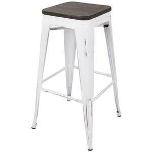 English Elm Oregon Industrial Stackable Barstool Set of 2 in Vintage White & Espresso — Rustic Steel-Wood 37" H B202P222412