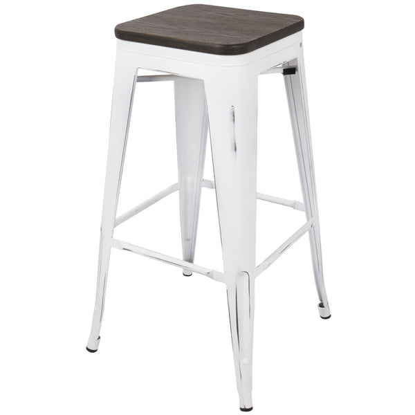 English Elm Oregon Industrial Stackable Barstool Set of 2 in Vintage White & Espresso — Rustic Steel-Wood 37" H B202P222412