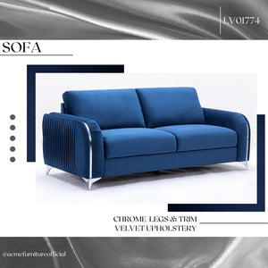 English Elm Wenona Blue Velvet Sofa – Luxurious Modern Design With Textured Armrests & Chrome Accents For Comfort B2726S00009-GIGA