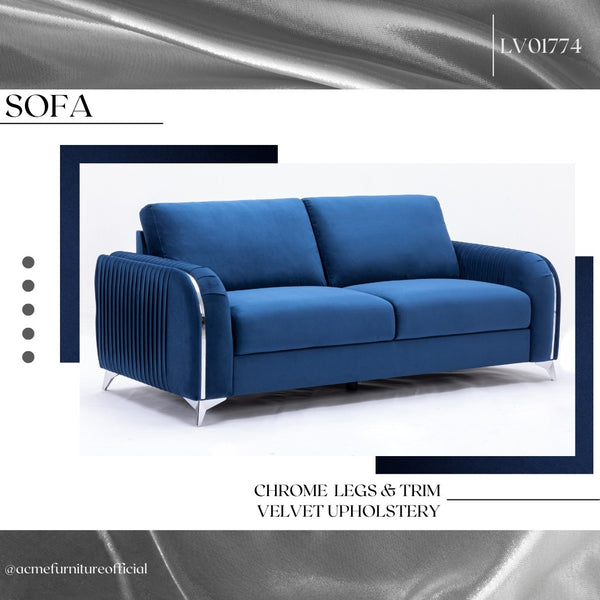 English Elm Wenona Blue Velvet Sofa – Luxurious Modern Design With Textured Armrests & Chrome Accents For Comfort B2726S00009-GIGA
