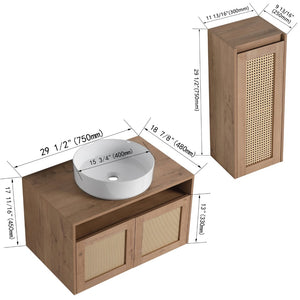 English Elm 30" Wall Mounted Bathroom Vanity Oak Finish Ceramic Art Sink Soft Close Storage W999S00495