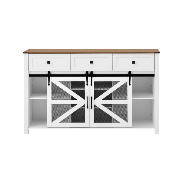 English Elm U_style Industrial Sideboard with Sliding Barn Doors Iron Mesh Panels and Three Drawers White N711P347384K