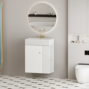 English Elm 21.6" Floating Bathroom Vanity Ceramic Sink Soft Close Door Brushed Copper Hardware White W1920S00196