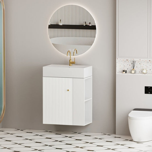 English Elm 21.6" Floating Bathroom Vanity Ceramic Sink Soft Close Door Brushed Copper Hardware White W1920S00196