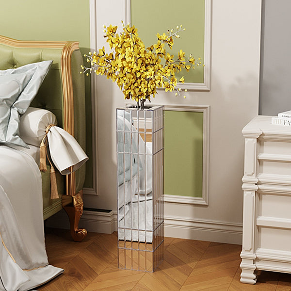 English Elm Tall Mirrored Floor Vase 29.92" Silver Cube Design — Modern Handcrafted Glass & MDF Accent Piece W3836P362099