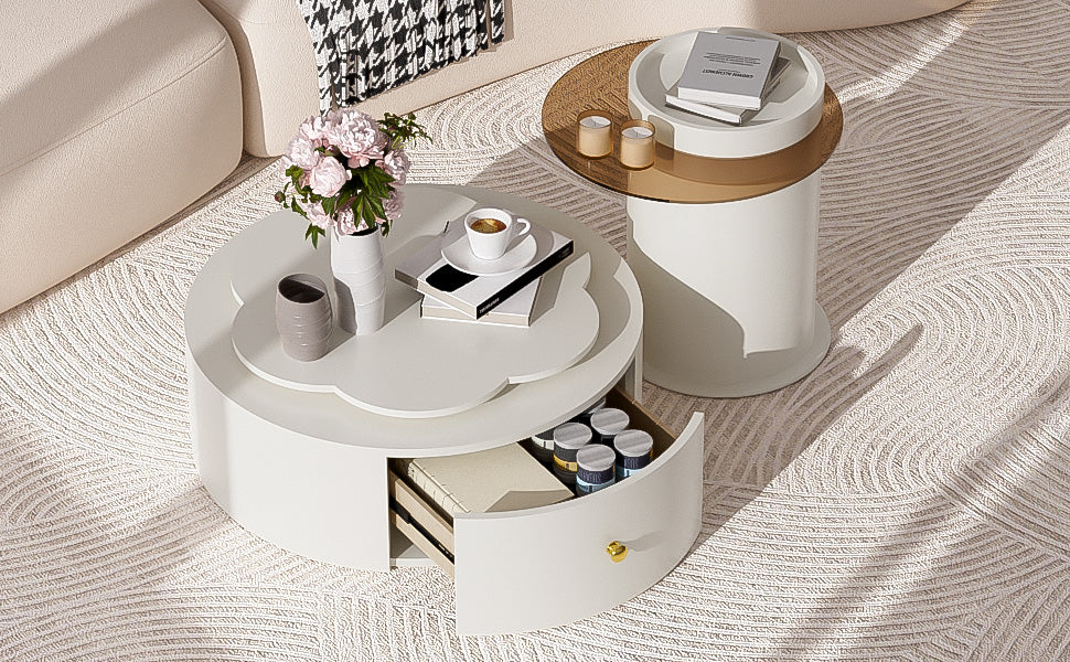 English Elm U-Can Cream Floral Round Coffee Table Set of 2 with Tempered Glass Tops, 2 Drawers & Rotating Design SJ000137AAK