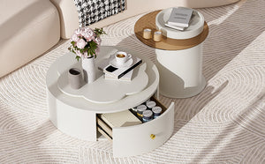 English Elm U-Can Cream Floral Round Coffee Table Set of 2 with Tempered Glass Tops, 2 Drawers & Rotating Design SJ000137AAK