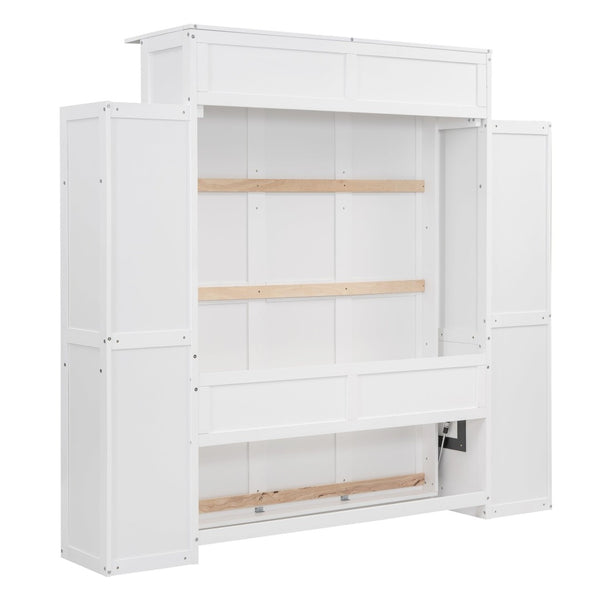 English Elm Full Size Murphy Wall Bed with Led Lighting Open Shelves Space Saving Cabinet White LP000694AAK-2