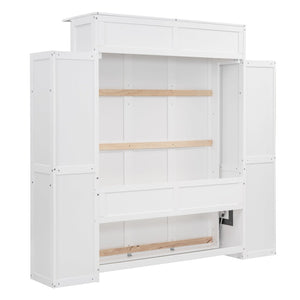 English Elm Full Size Murphy Wall Bed with Led Lighting Side Storage Cabinets and Slatted Support White LP000694AAK-1