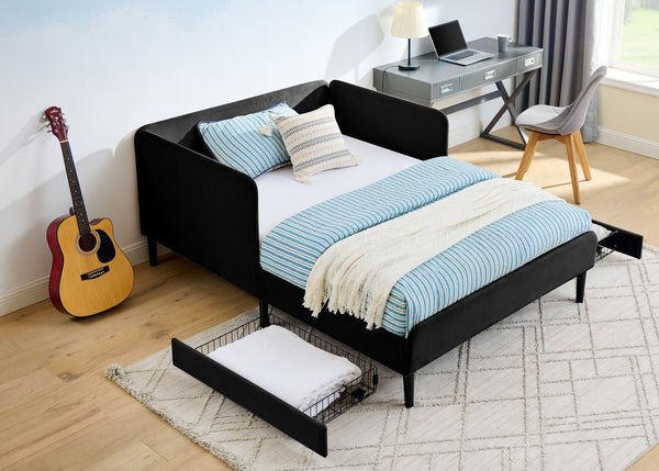 English Elm Full Velvet Upholstered Platform Bed Full Size with 2 Underbed Storage Drawers, Foam Seat, Modern Design Black W1413P298912
