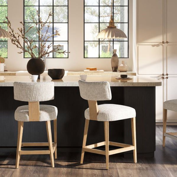 English Elm Jennifer Taylor Home - Penny Fully Upholstered Counter Stool Set of 2 in Travertine Beige Chenille with Arched Back Comfort B2719P269264