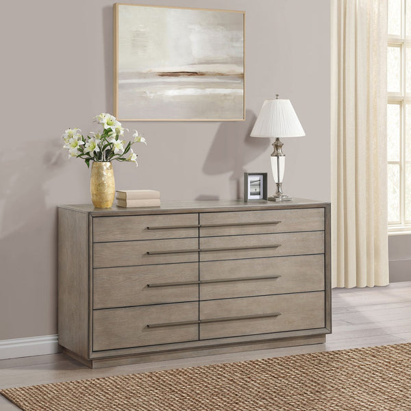 English Elm Prescott Transitional Taupe Oak 8-Drawer Dresser with Asymmetric Centerline, Extra-Long Bar Pulls B062P376000