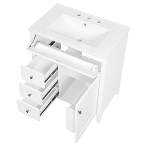 English Elm 30-Inch Contemporary Bathroom Vanity with Sink, MDF & Rubberwood, Glossy Finish, 3 Drawers + Cabinet White N725P350819K