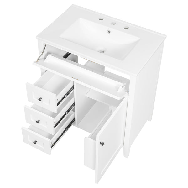 English Elm 30-Inch Contemporary Bathroom Vanity with Sink, MDF & Rubberwood, Glossy Finish, 3 Drawers + Cabinet White N725P350819K