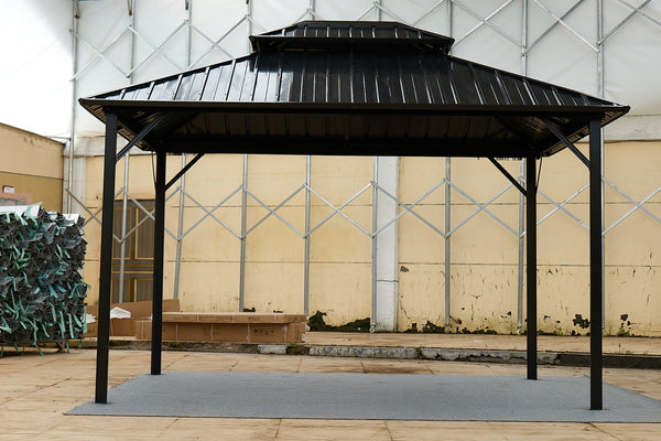 English Elm 10*10 Weatherproof Double-Roof Gazebo Pavilion Black - Galvanized Steel Hardtop, Aluminum Frame, Ventilated Design W765S00017