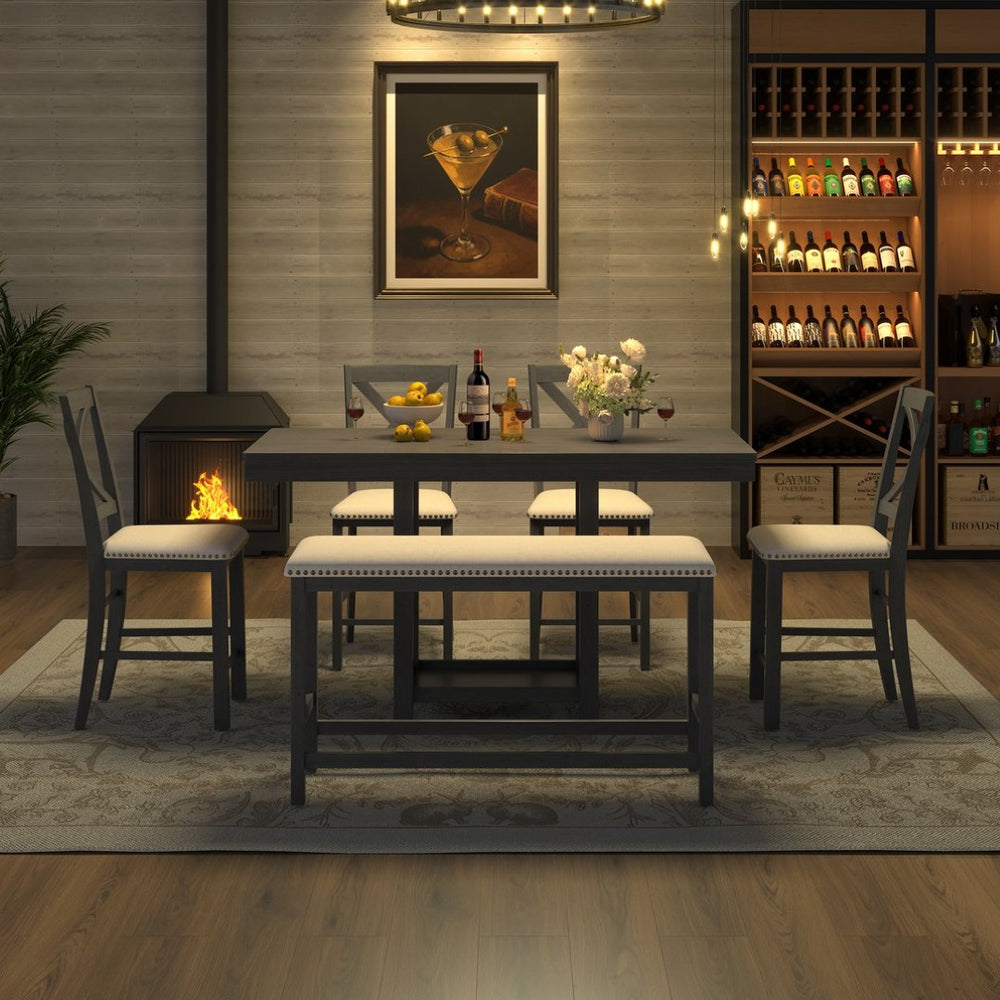 English Elm U_style Rubberwood Farmhouse Bar Table Set Expandable Crossback Chairs Bench Seating Grey WY000534AAE