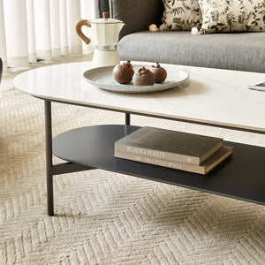 English Elm Coffee ceramic coffee table with sintered stone top, walnut shelf & steel frame for modern rooms W1911P194980