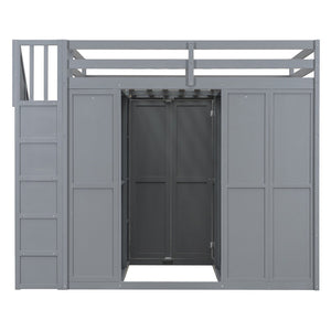English Elm Full Size Loft Bed with Wardrobe Desk and Shelving for Modern Teen Bedroom Gray LT000679AAE-1