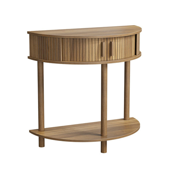 English Elm 31.5-inch Half Moon Grooved Walnut Console Farmhouse Entryway Table with Open Shelving W1706P447027