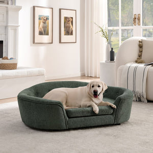 English Elm Oversized Oval Dog Sofa with Tufted Linen Backrest for Large Breed Lounging Comfort Olive Green W487P415303
