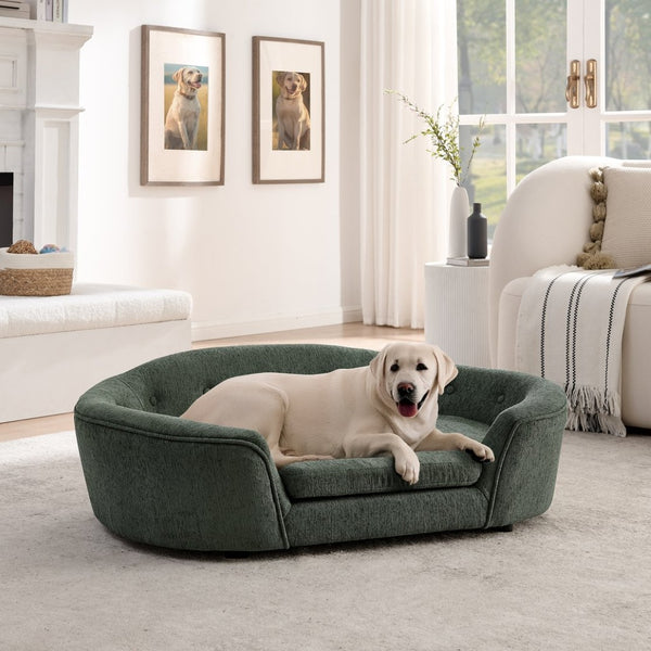 English Elm Oversized Oval Dog Sofa with Tufted Linen Backrest for Large Breed Lounging Comfort Olive Green W487P415303