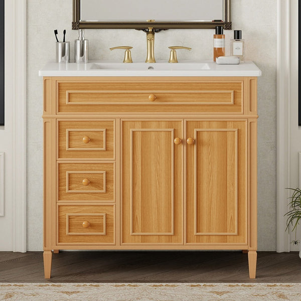 English Elm 36" Modern Bathroom Vanity with Ceramic Sink, Solid Rubber Wood & MDF, Flip Drawer, Soft-Close Doors N725P350825N