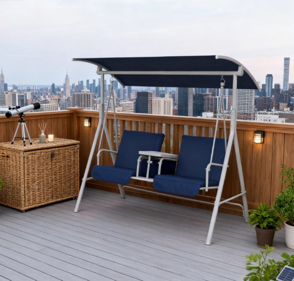 English Elm Swing Chair Freestanding Porch Canopy Seat with Storage and Cupholders for Outdoor Use T3971P418147