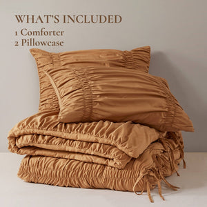 English Elm 2pcs Shabby Chic Ruched Comforter Set Bow Trim Brushed Polyester Fill Romantic Bedroom Brown B035P341088