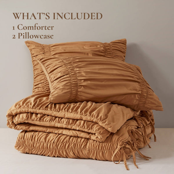 English Elm 2pcs Shabby Chic Ruched Comforter Set Bow Trim Brushed Polyester Fill Romantic Bedroom Brown B035P341088