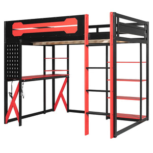 English Elm Full Size Loft Bed with Rgb Lighting Chevron Desk Usb Charging Ports and Storage Shelves Black+Red LT000286AAR