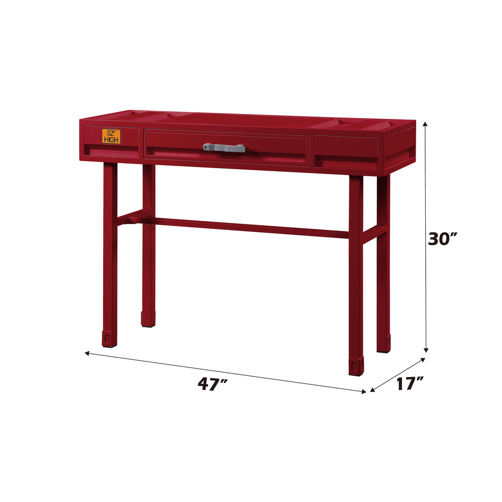 English Elm Cargo Red Finish Vanity Desk with Metal Frame, Drawer Storage & Iron Plate Top for Stylish Durability B2726P263386