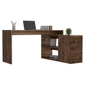 English Elm Antlia Brown L-Shaped Writing Desk with Single Door Cabinet and Two Shelves, 59.6" x 25.4" B128S00160