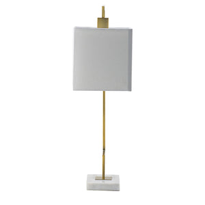 English Elm 9x14.3x25.2" Dual-Bend Gold Metal Table Lamp with Marble Base, Square Shade & Hanging Motif for Warm Ambient Light W2078P324063