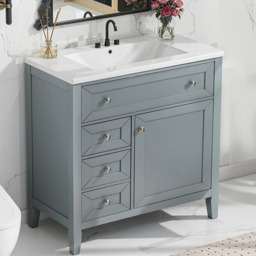English Elm Solid Wood Bathroom Vanity Gray with Ceramic Undermount Sink, Triple Smart Storage, 70kg Load, Silent Slides W2896P318465
