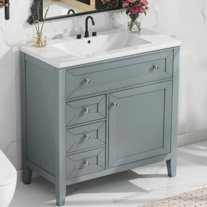 English Elm Solid Wood Bathroom Vanity Gray with Ceramic Undermount Sink, Triple Smart Storage, 70kg Load, Silent Slides W2896P318465