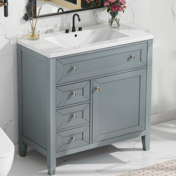 English Elm Solid Wood Bathroom Vanity Gray with Ceramic Undermount Sink, Triple Smart Storage, 70kg Load, Silent Slides W2896P318465