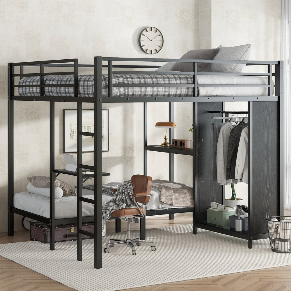 English Elm King Metal Bunk Bed King over Twin XL with Built-In Wardrobe, Foldable Desk, Shelf & Sturdy MDF W1580S00111