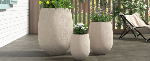 English Elm U_style Egg Shaped Mgo Stone Look Planters Set of 3 Sculptural Pots for Patio Garden N711P406659A