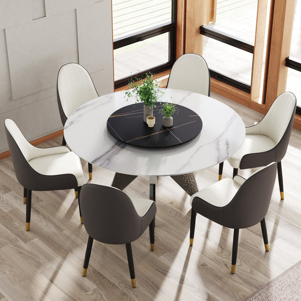 English Elm 59.05" Round Marble Dining Table With Silver Base, Lazy Susan, Seats 6-8, Modern Two-Tone Design W1535S00395