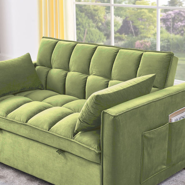 English Elm Sleeper Velvet Convertible Sofa Bed 3-in-1 Recliner 2-Seater Sectional with Pillows & Side Pockets Green W1853P255670