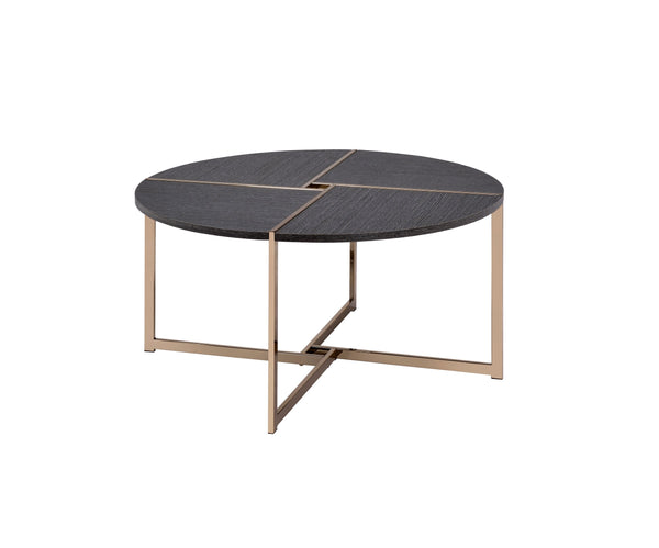 English Elm Bromia Round Black Wood Top Coffee Table with Champagne X-Shape Metal Legs — Modern Occasional Accent B2726P281464