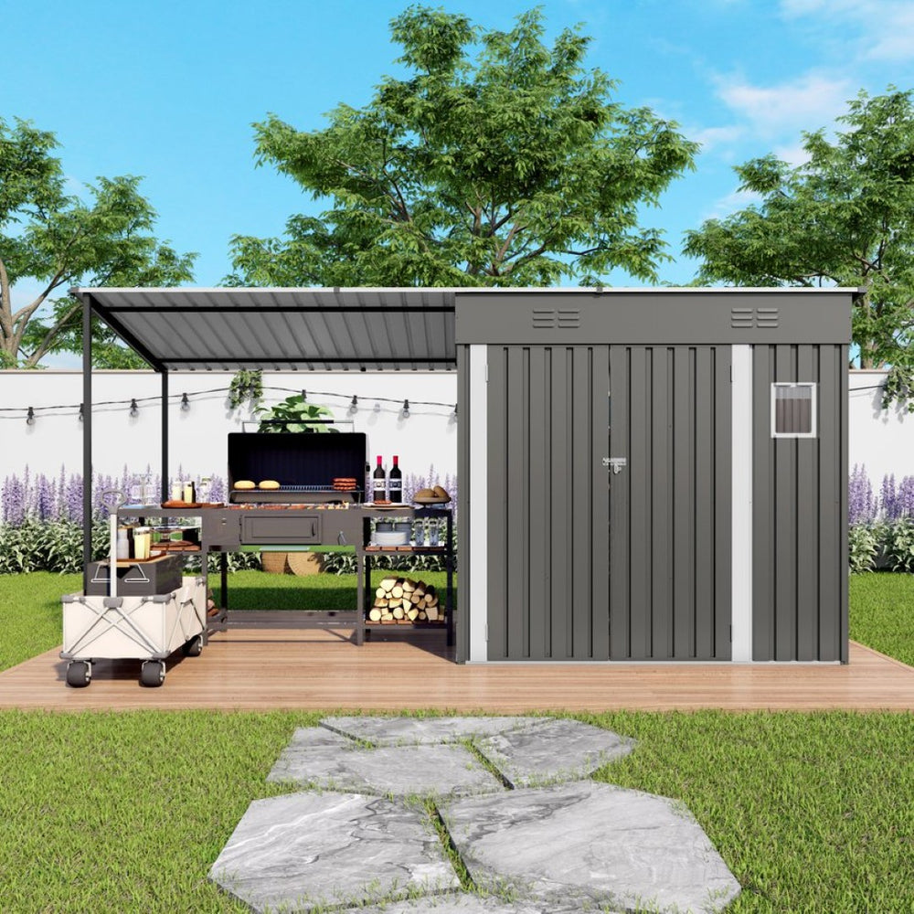 English Elm 12x4ft Steel Lean to Shed with Open Pergola Combo Backyard Storage and Shaded Patio W3213S00011