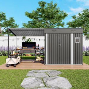 English Elm 12x4ft Steel Lean to Shed with Open Pergola Combo Backyard Storage and Shaded Patio W3213S00011