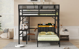 English Elm Full Full over Twin Metal Bunk Bed with Desk, Bookshelves, LED Lighting & USB Charge Station, Black W2580S00040