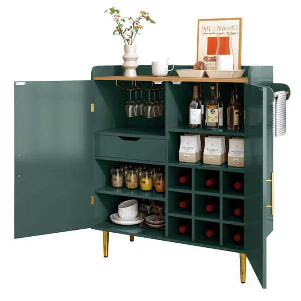 English Elm Modern Fluted Bar Cabinet with Wine Rack Glass Holders Adjustable Shelving and Hidden Drawer Green N728P438606G