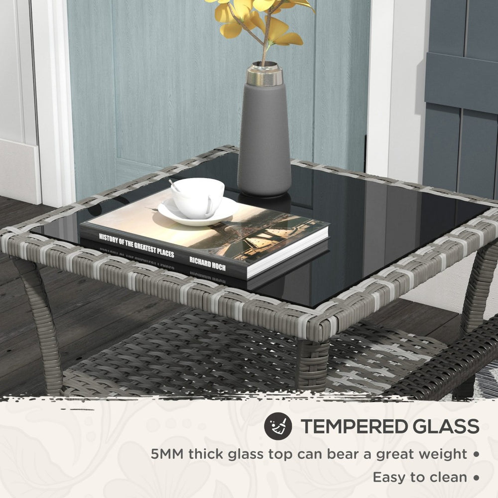 English Elm Outsunny Rattan Side Table With Storage Shelf, Aluminum Frame & Tempered Glass Top For Outdoors W2225P200702-GIGA