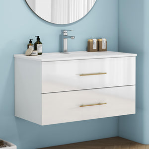 English Elm 36-Inch Modern Wall-Mounted Bathroom Vanity With Ceramic Sink, Gold Handle, Easy Installation & Storage W3151S00055