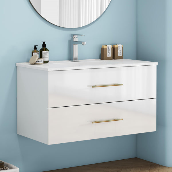 English Elm 36-Inch Modern Wall-Mounted Bathroom Vanity With Ceramic Sink, Gold Handle, Easy Installation & Storage W3151S00055