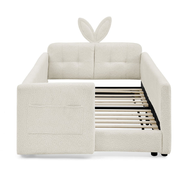 English Elm Twin Upholstered Platform Bed with Rabbit Ear Headboard, Safety Rail & Pocket, Bouclé Sofa Bed Design Beige W1413P307369